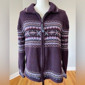Tiara size large zip front cardigan plum fair isle layer career work fall winter